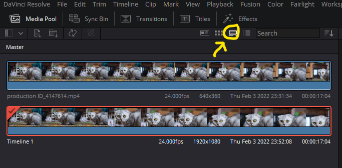 Strip View Option in Cut Tab of DaVinci Resolve