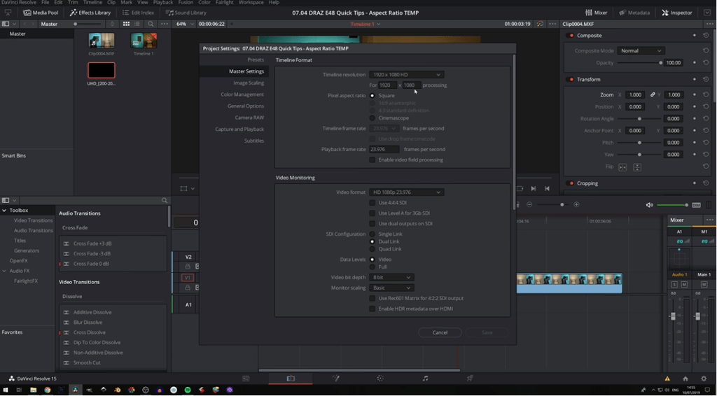 Methods of setting Aspect Ratio in DaVinci Resolve 17