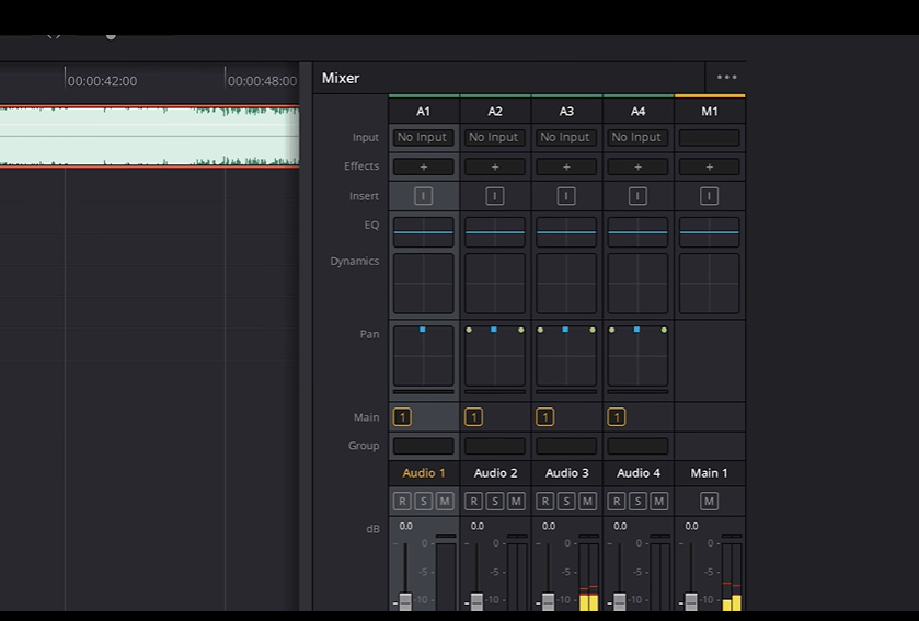 audio mixer in DaVinci resolve