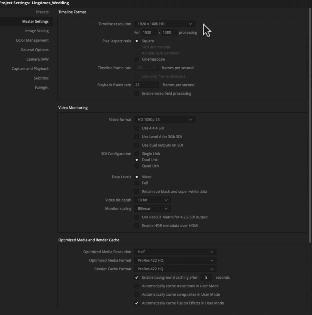 master setting in Davinci Resolve